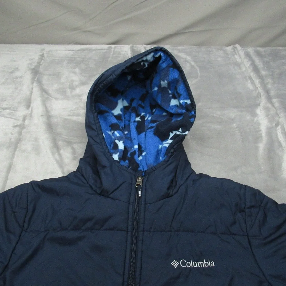 Columbia Jacket Kids XL Blue Camo Reversible Puffer Hooded Insulated Rain Winter